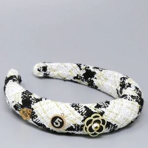 Elegant Tweed Black/ White Headband with Gold Accents